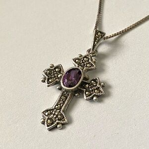Sterling Silver Amethyst Marcasite Cross Pendant Necklace